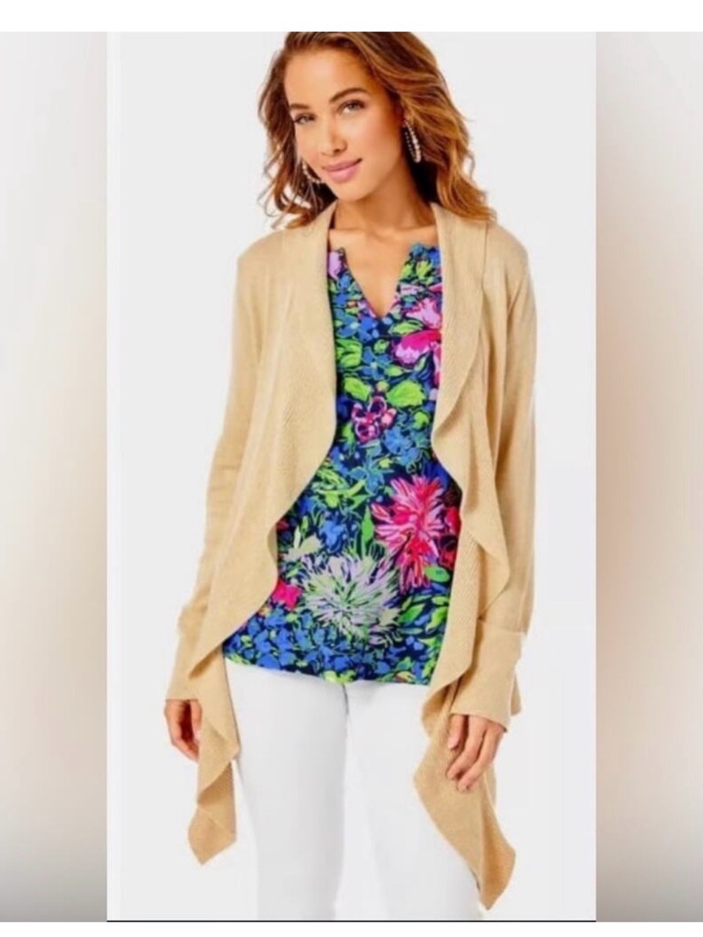 Lilly Pulitzer Beige Draped Open-Front Cardigan